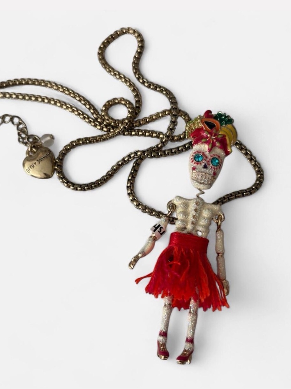 Betsey Johnson Vintage Sugar Skull Skeleton Pendant Necklace